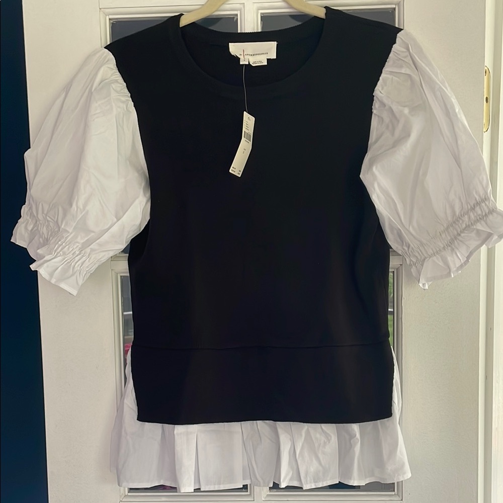 Anthropologie Black and White Puff Sleeve Blouse